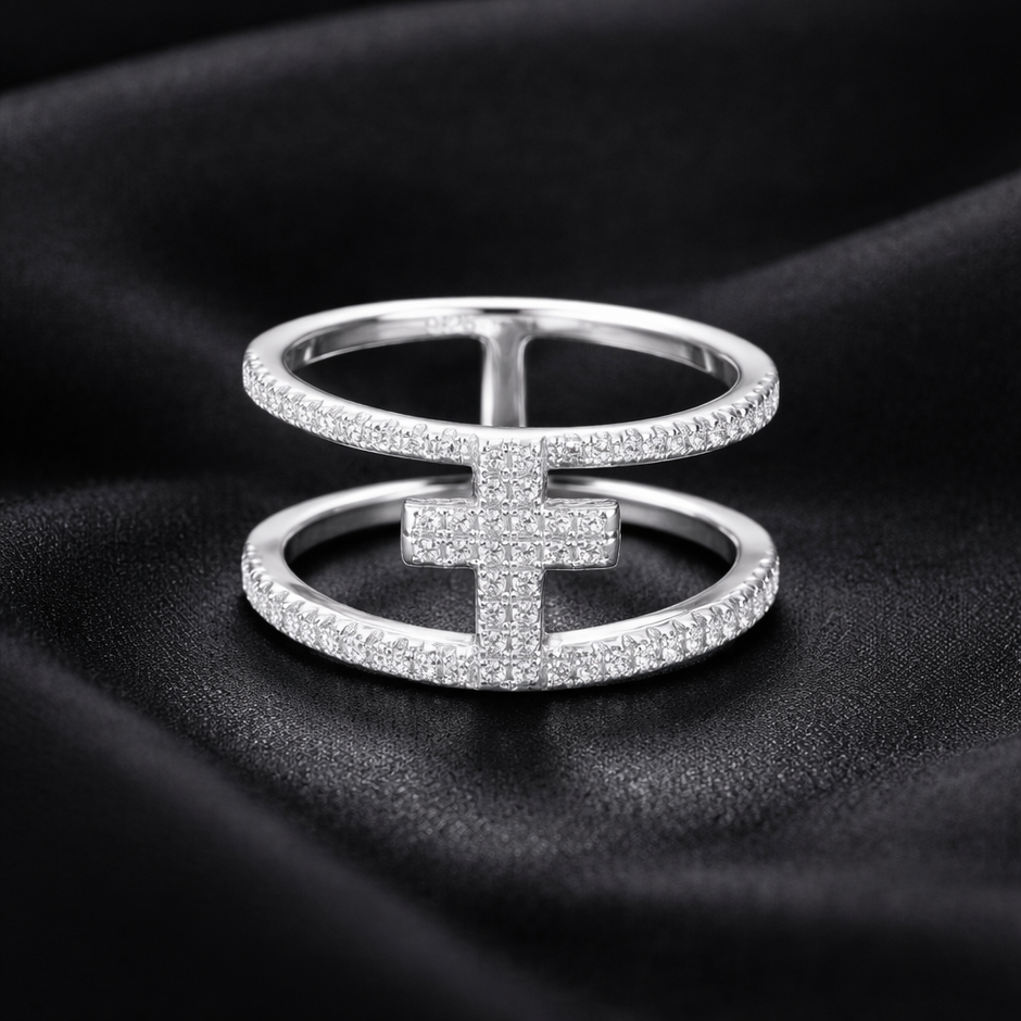 Pavé Cross Double Band Sterling Ring