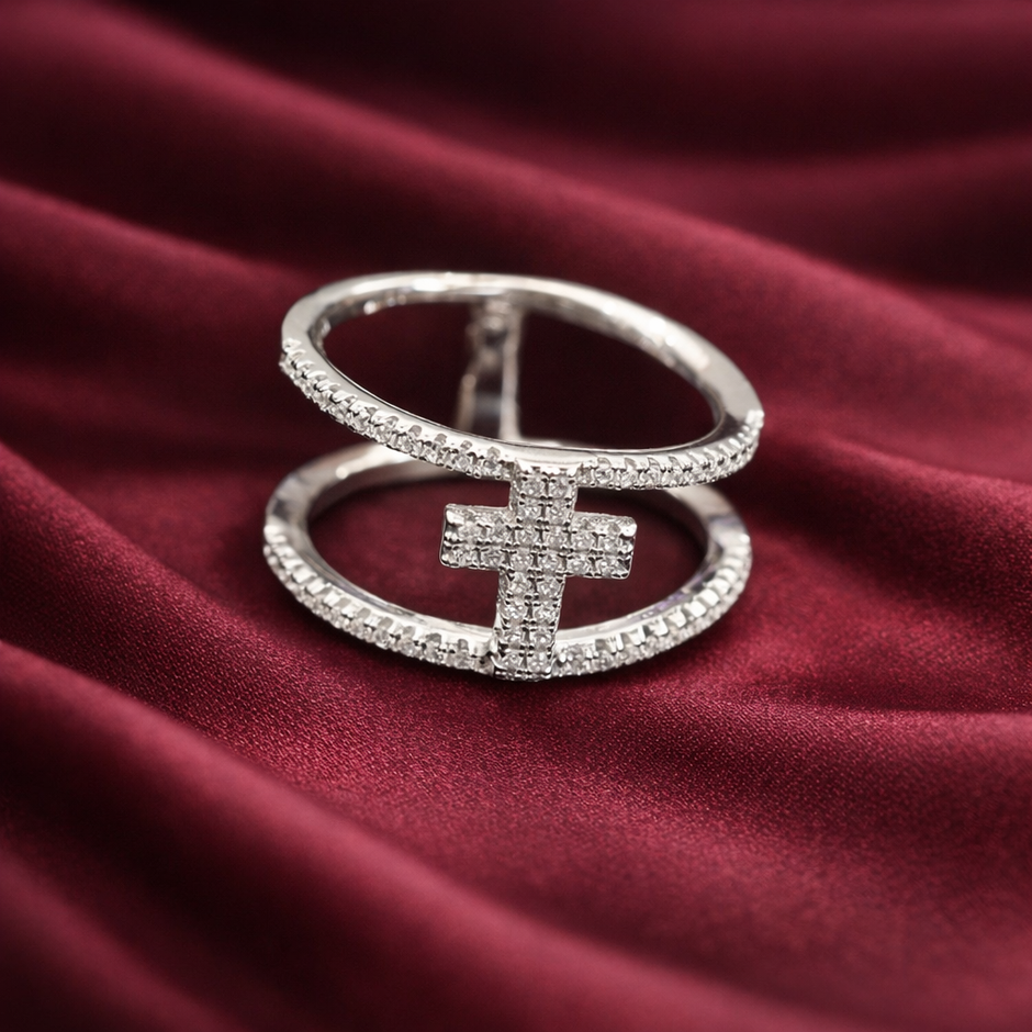 Pavé Cross Double Band Sterling Ring