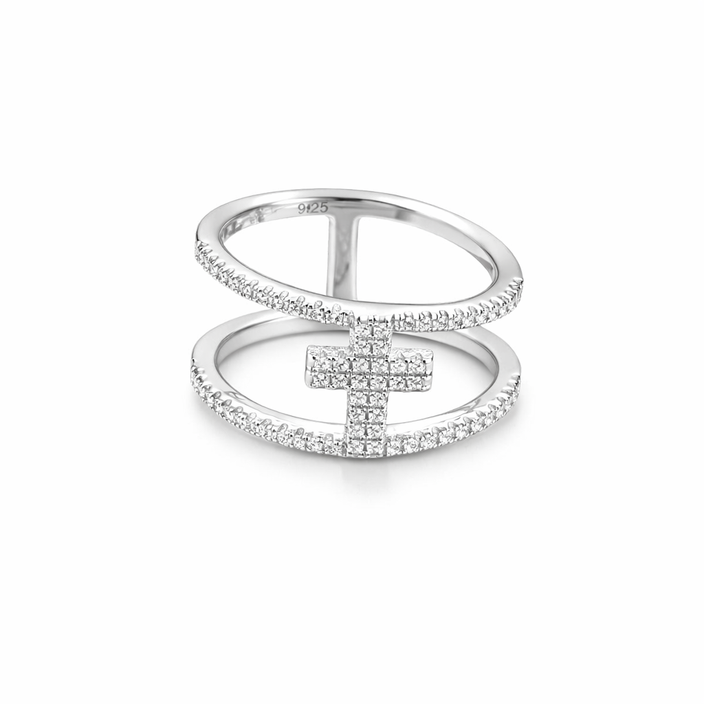 Pavé Cross Double Band Sterling Ring