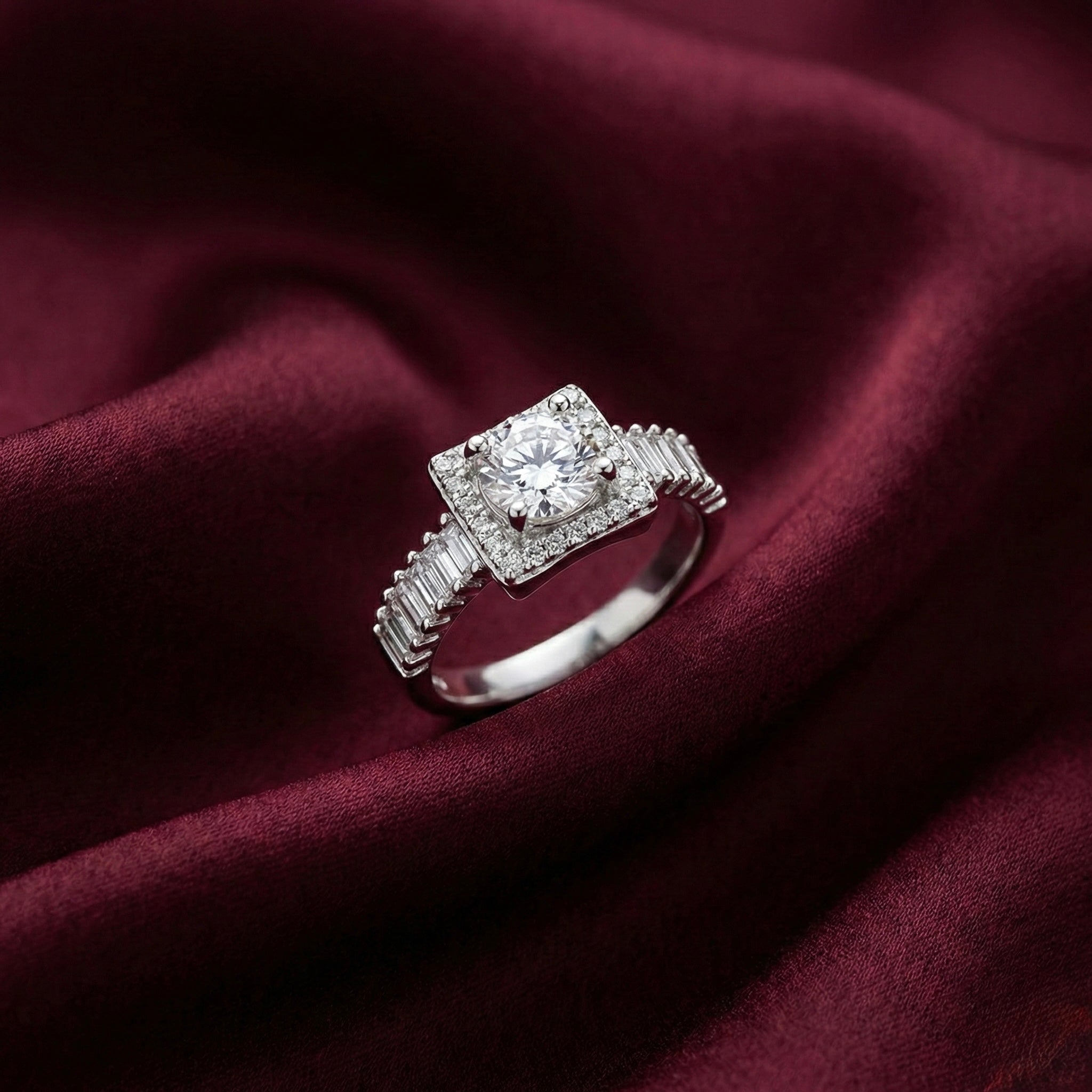 Square Halo Baguette Adjustable Ring
