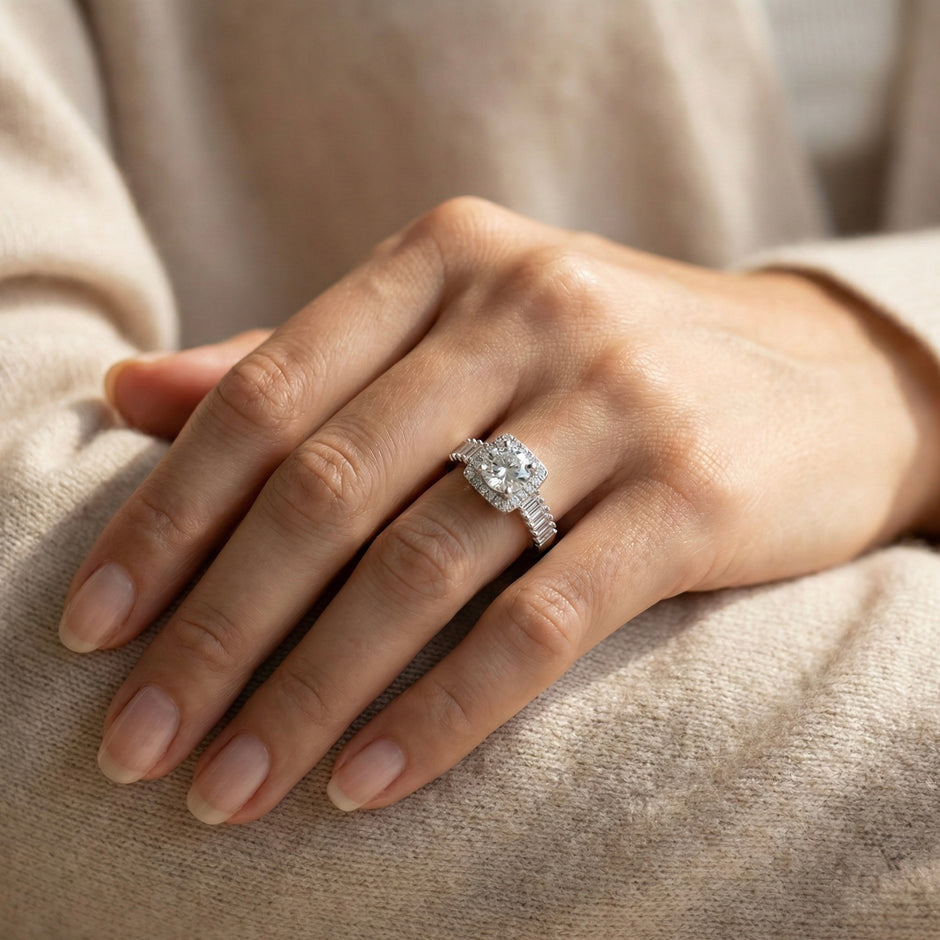 Square Halo Baguette Adjustable Ring
