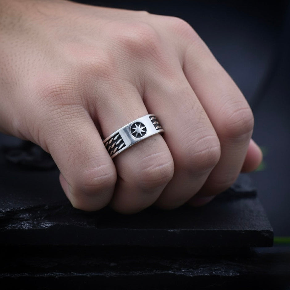 Antique Silver Compass Star Band