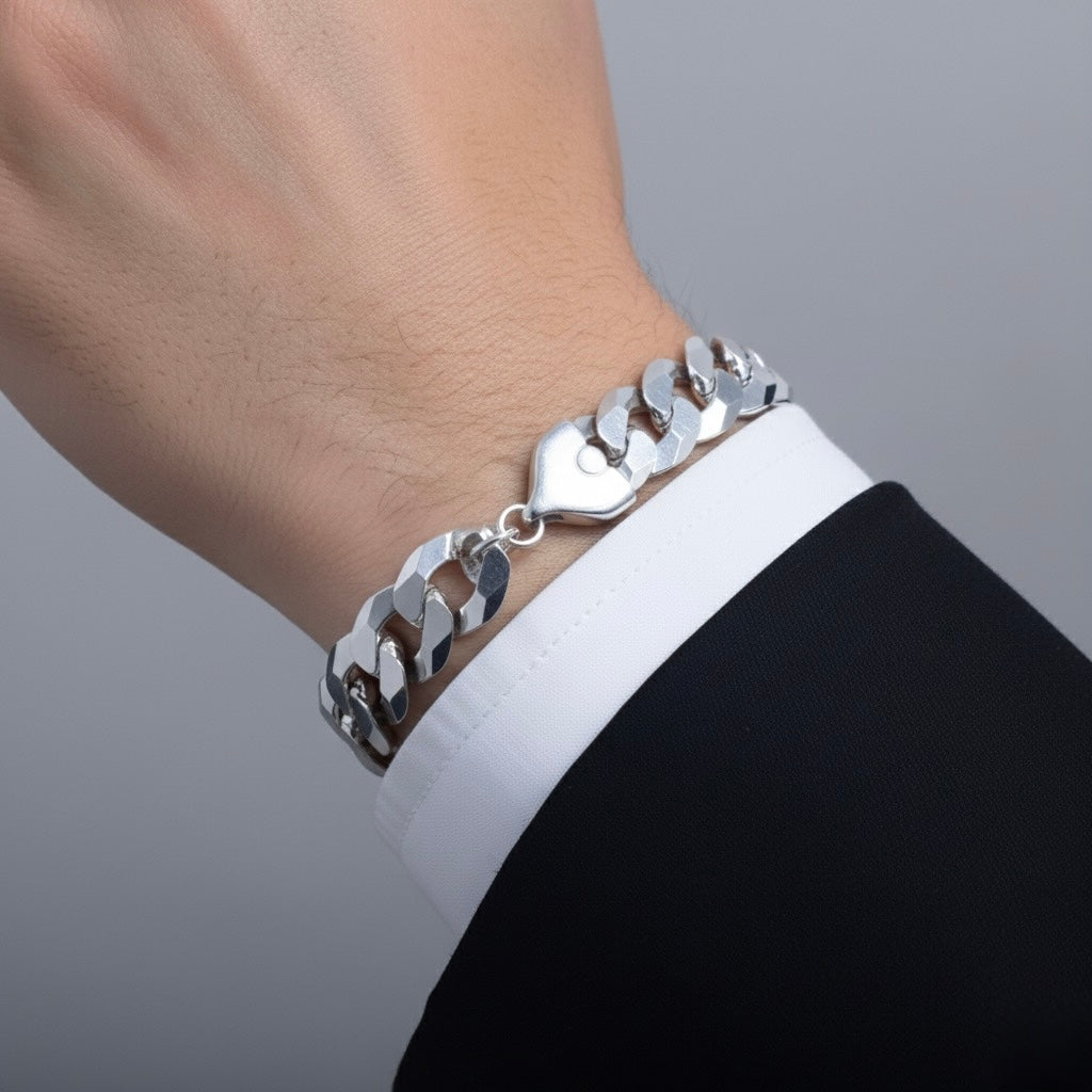 Dual Finish Curb Silver Bracelet