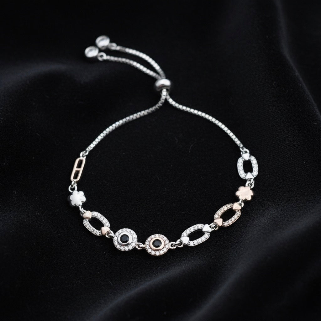 Dual-Tone Mixed Charm Evil Eye Slider Bracelet