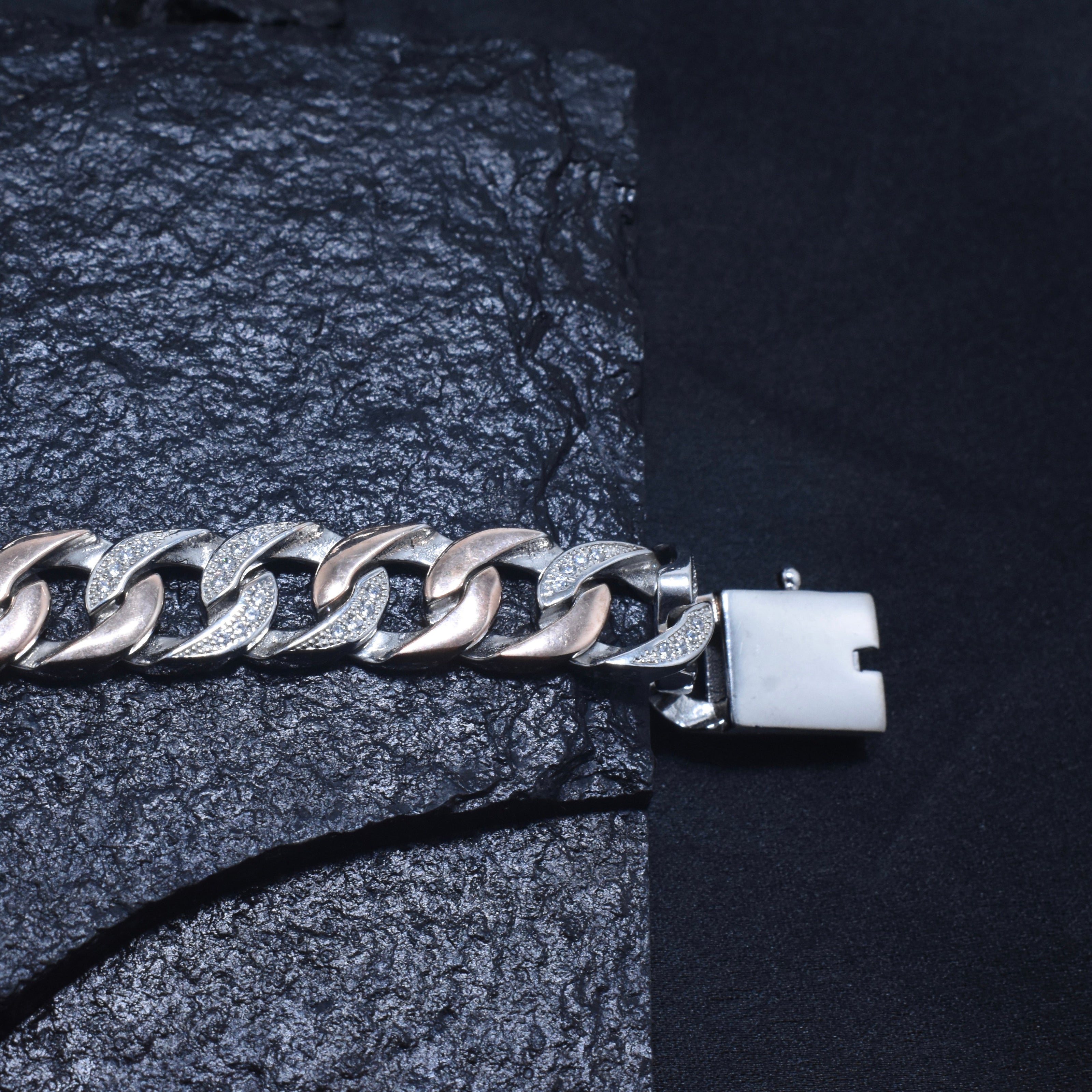 Two-Tone Pave Cuban Link Silver Bracelet