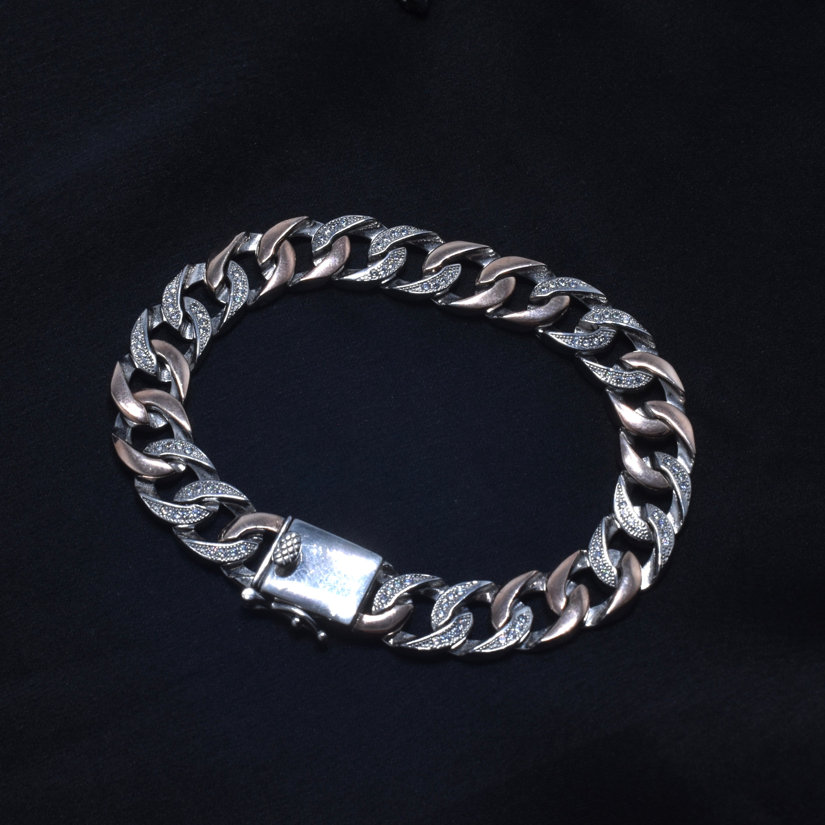 Two-Tone Pave Cuban Link Silver Bracelet