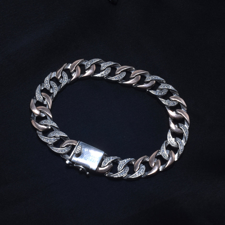Two-Tone Pave Cuban Link Silver Bracelet