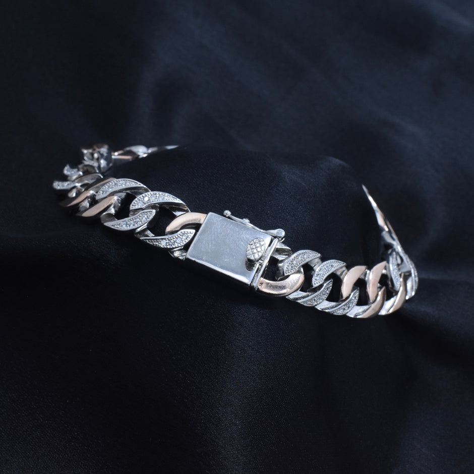 Two-Tone Pave Cuban Link Silver Bracelet