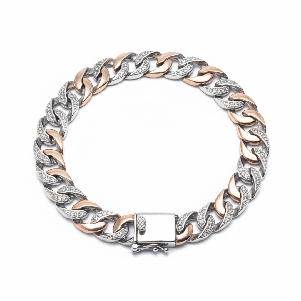 Two-Tone Pave Cuban Link Silver Bracelet