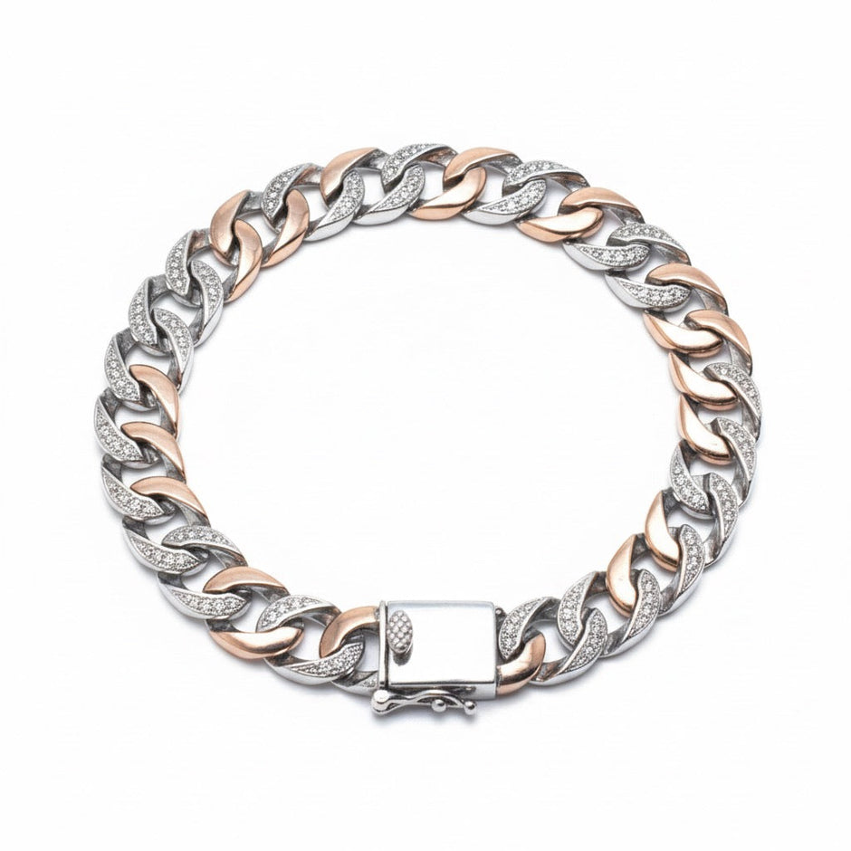 Two-Tone Pave Cuban Link Silver Bracelet