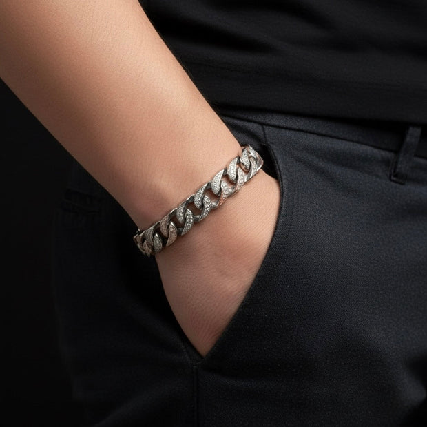Two-Tone Pave Cuban Link Silver Bracelet