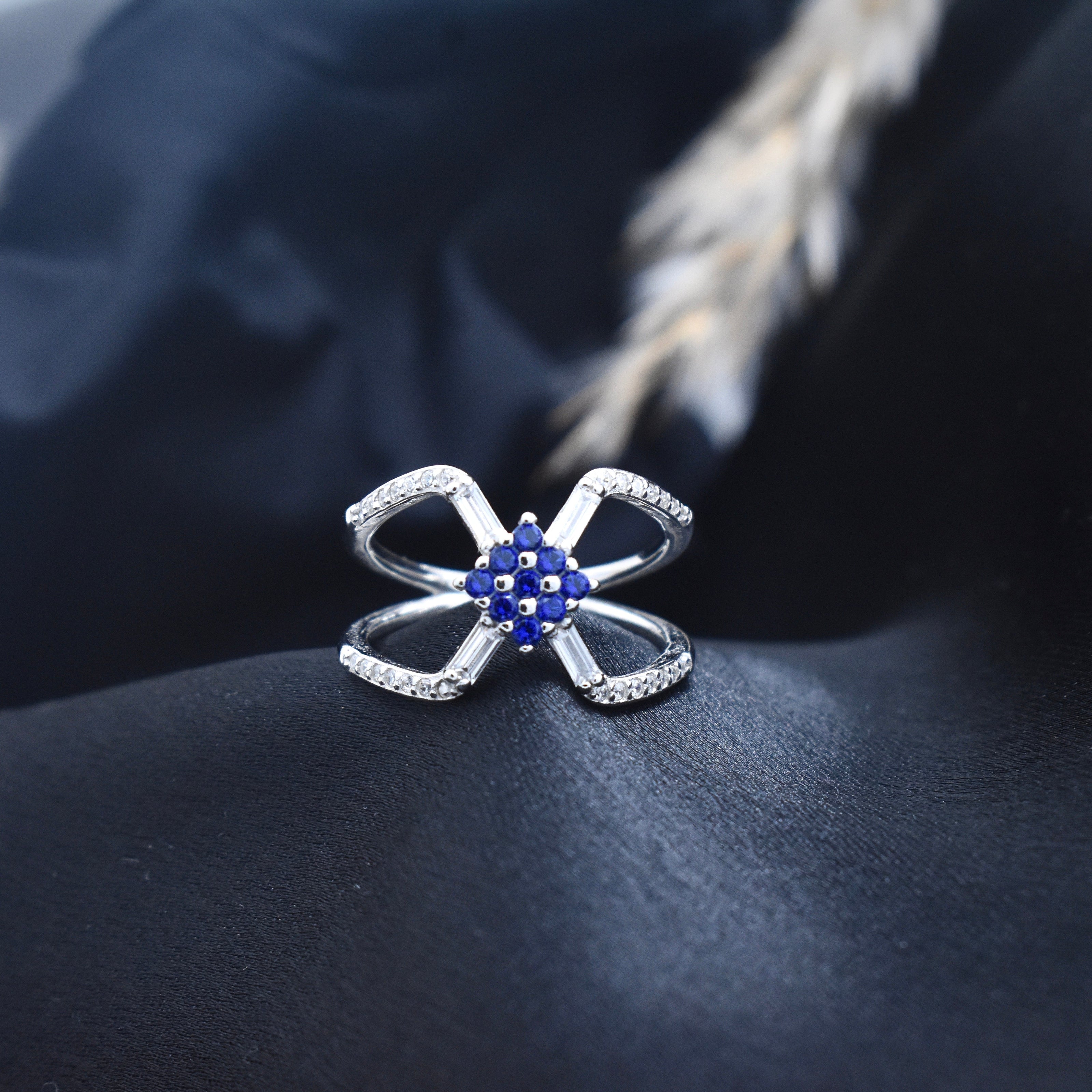Blue Stone Floral Silver Ring