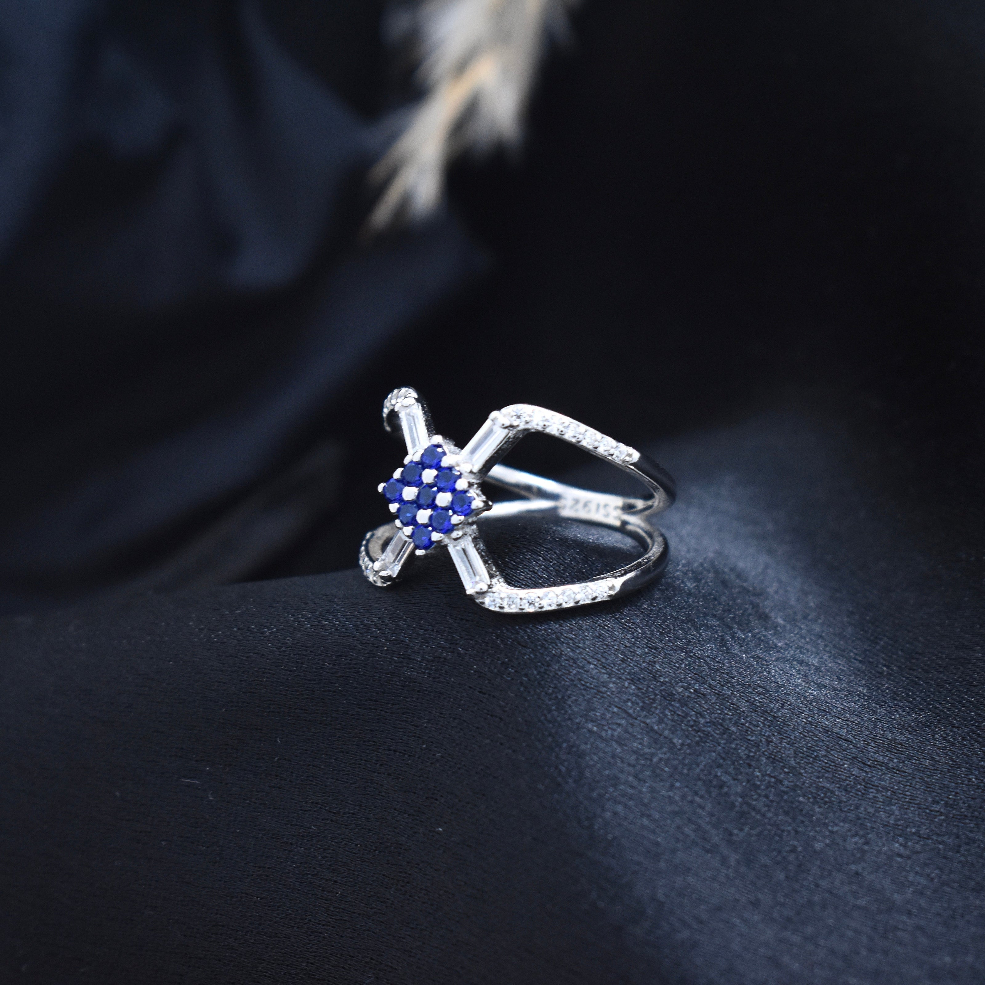Blue Stone Floral Silver Ring