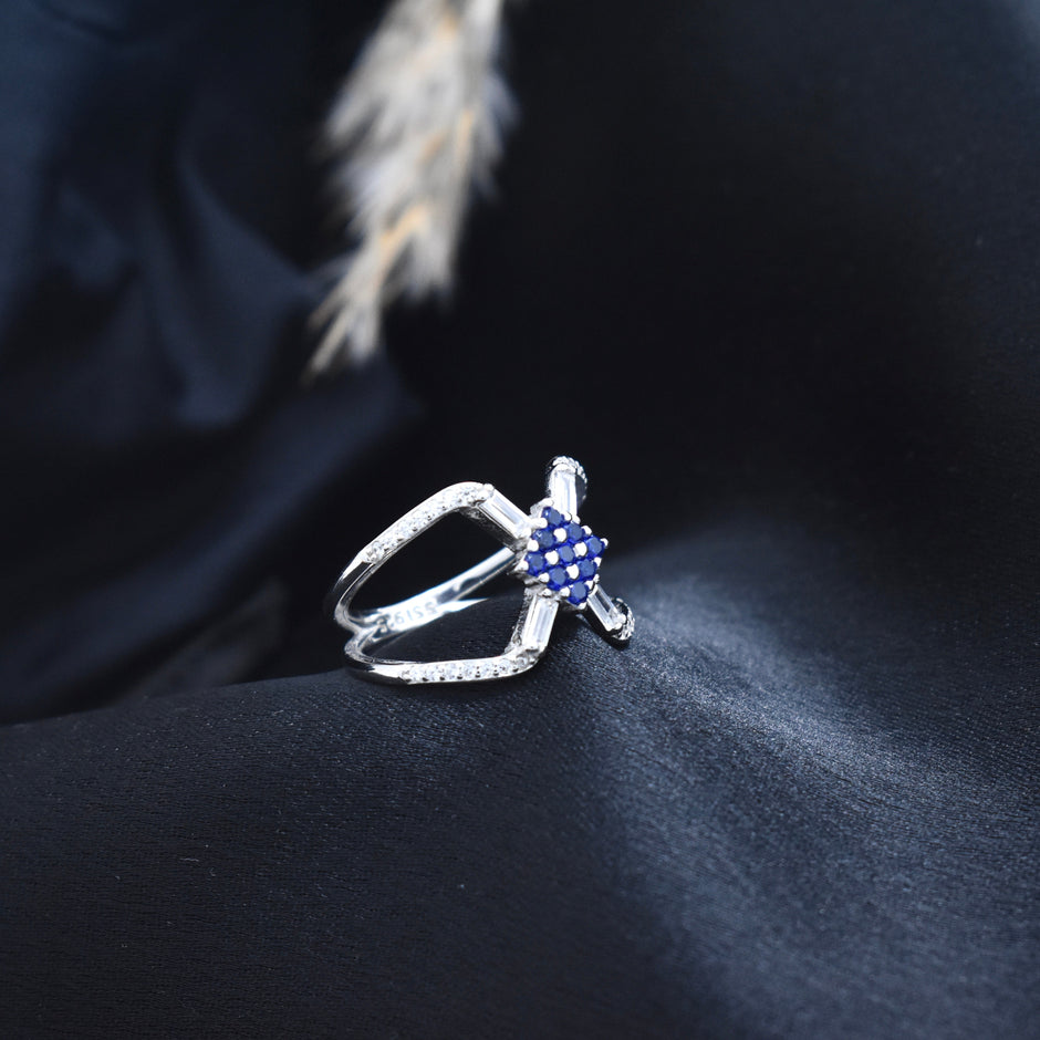 Blue Stone Floral Silver Ring