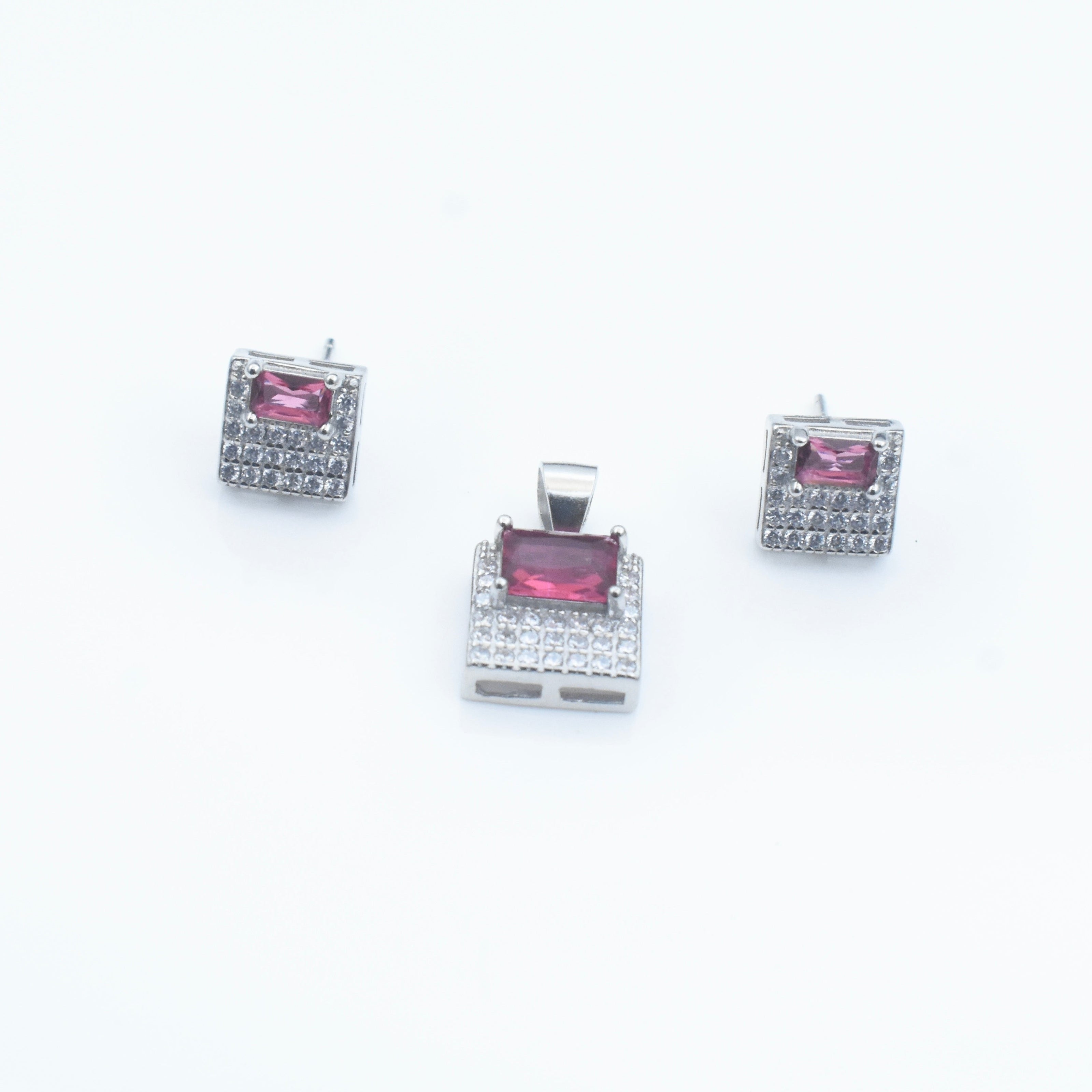 Ruby Square Block Silver Pendant Set