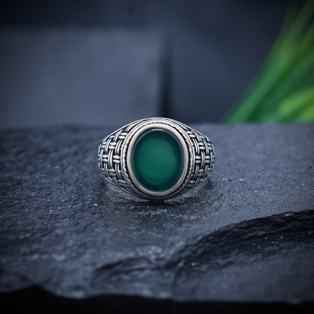Green Onyx Oval Woven Silver Ring