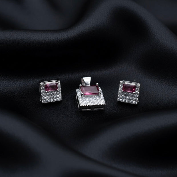 Ruby Square Block Silver Pendant Set