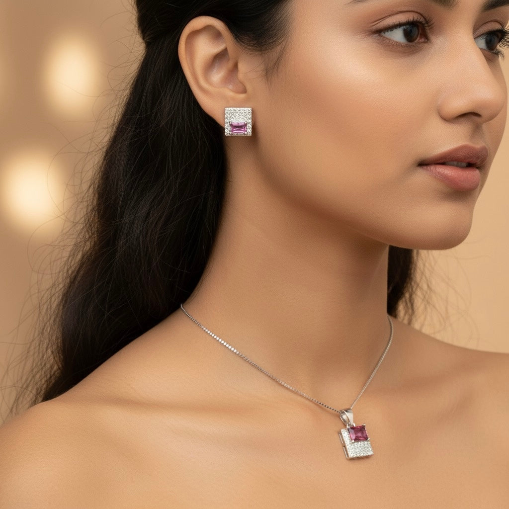 Ruby Square Block Silver Pendant Set