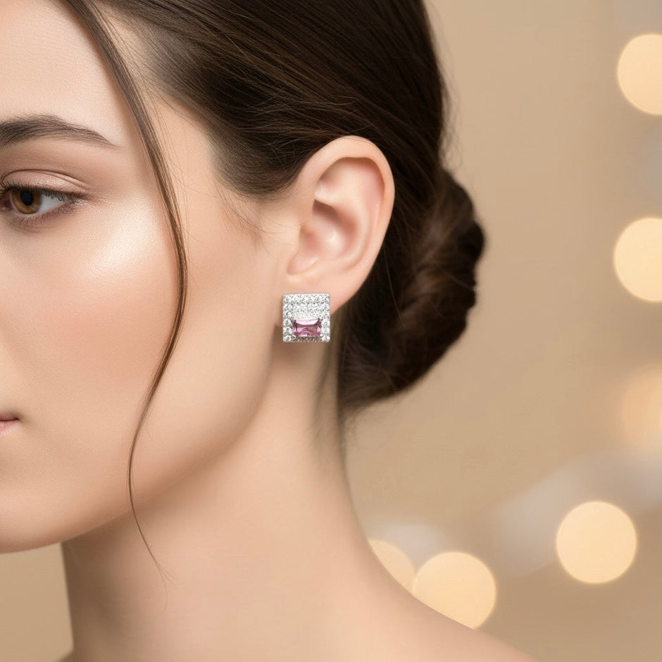 Ruby Square Block Silver Pendant Set