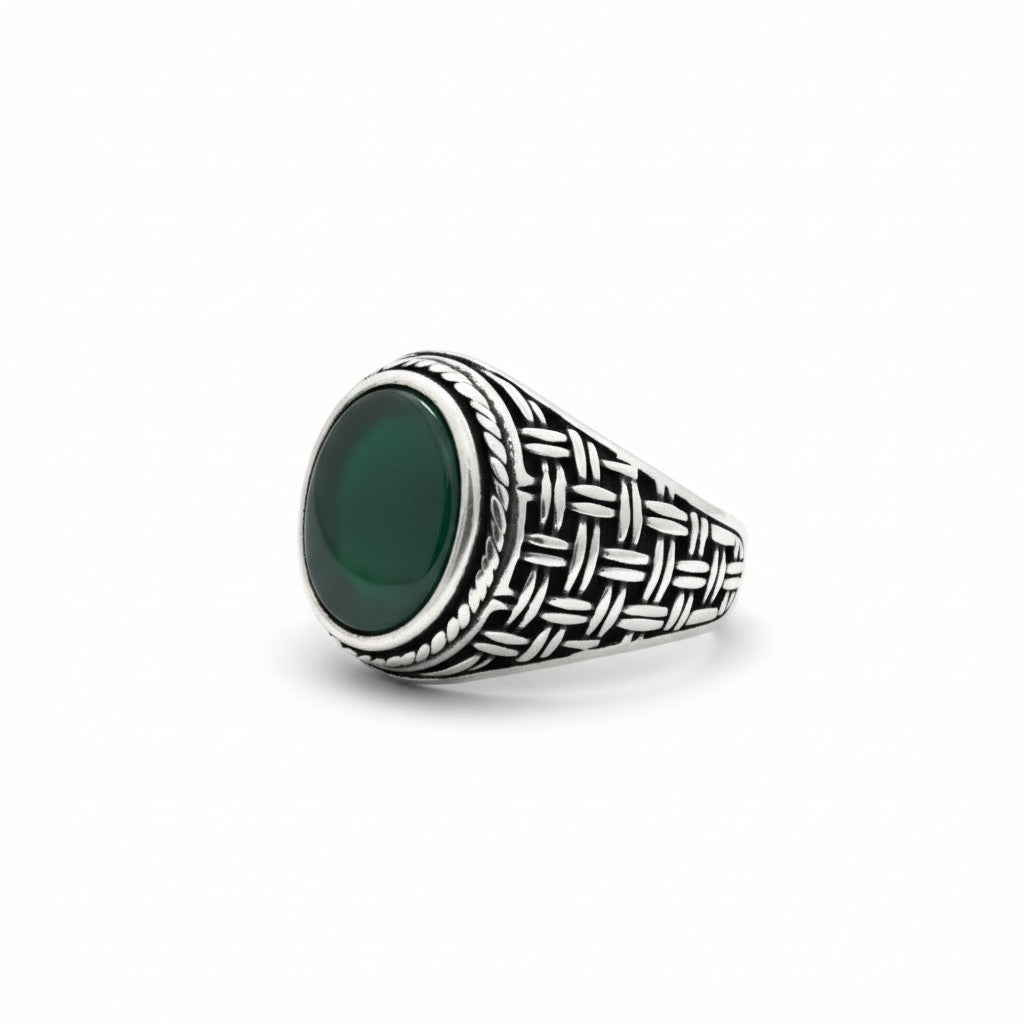 Green Onyx Oval Woven Silver Ring