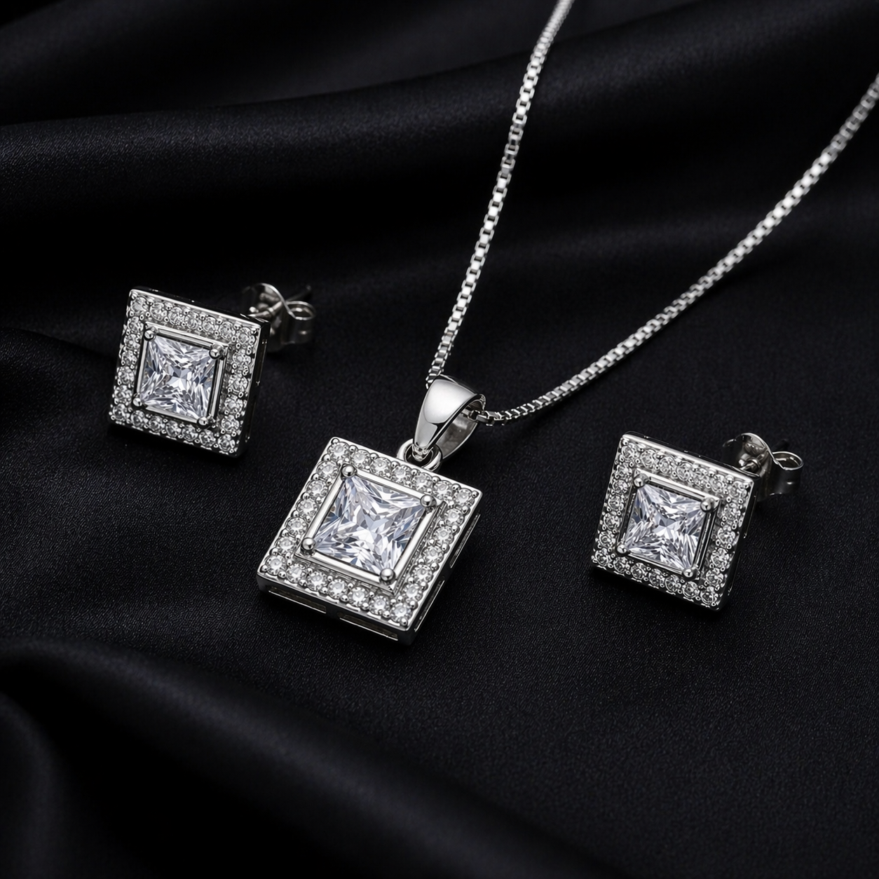 Princess Cut Square Halo Pendant Set with Chain and Earrings