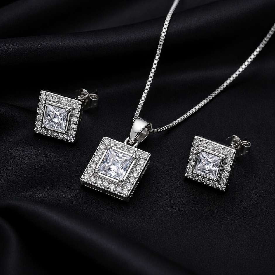 Princess Cut Square Halo Pendant Set with Chain and Earrings
