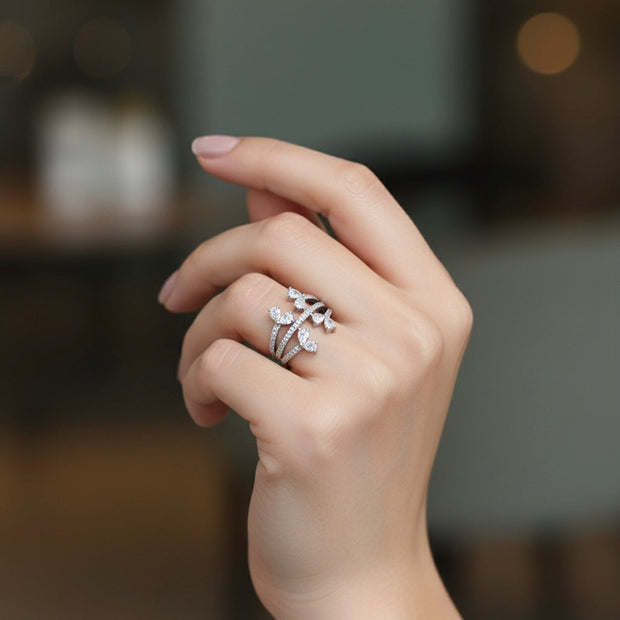 Silver Leafy Twin-Band Ring