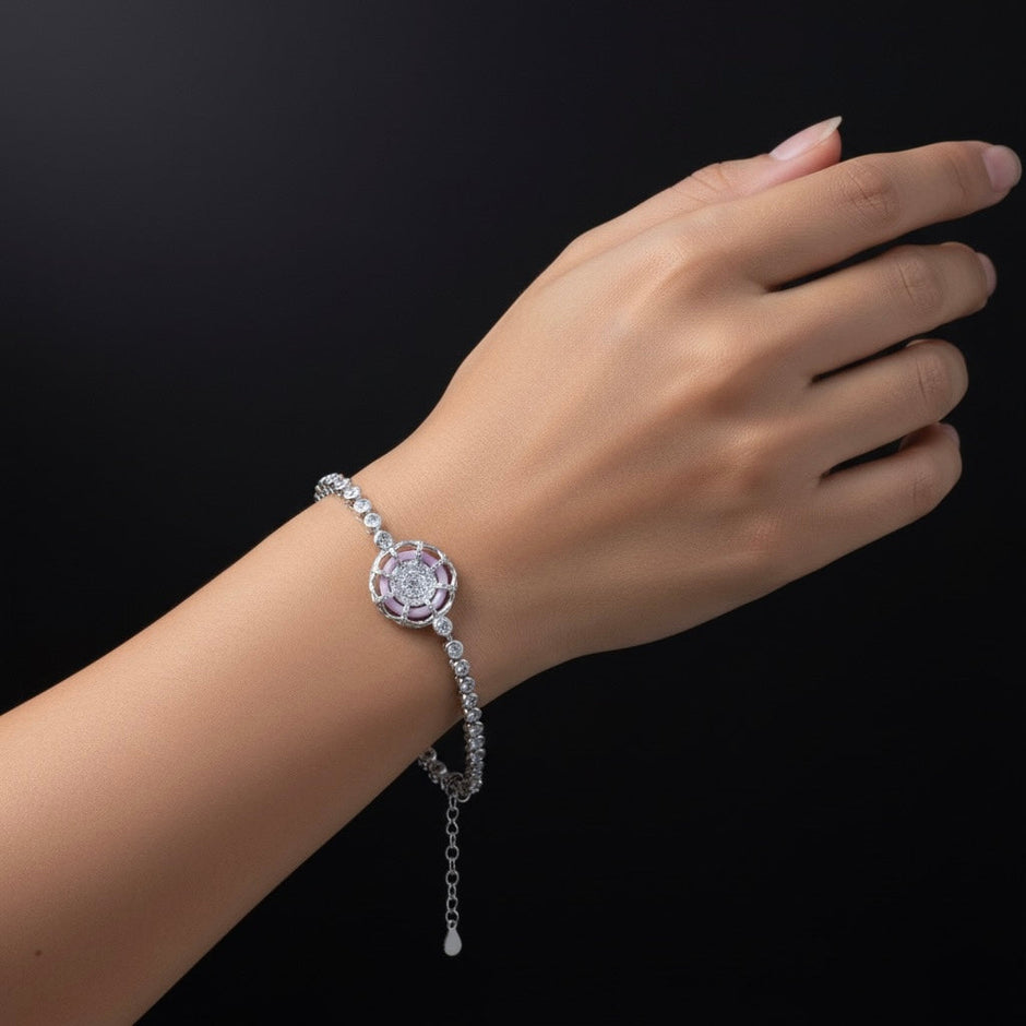 Dual Tone Rose Bloom Silver Bracelet