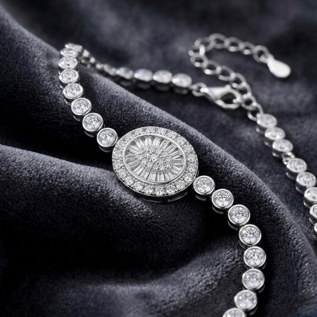 Oval Baguette Halo Solitaire Tennis Bracelet