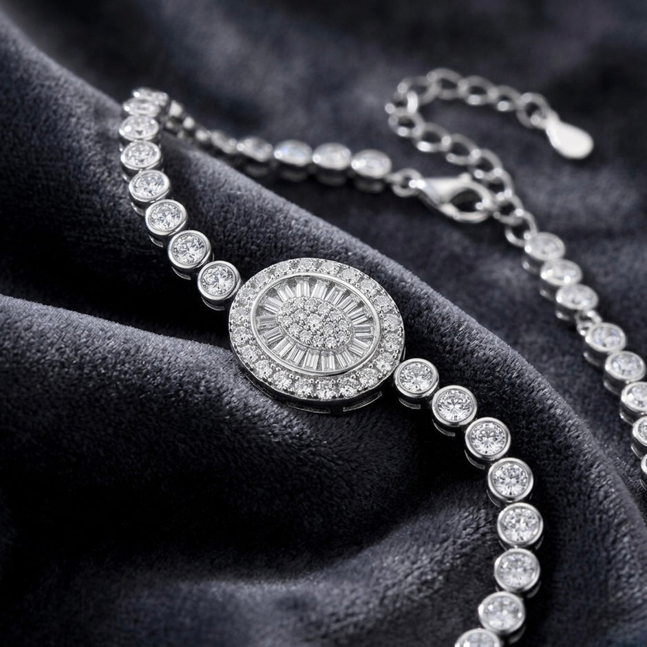 Oval Baguette Halo Solitaire Tennis Bracelet