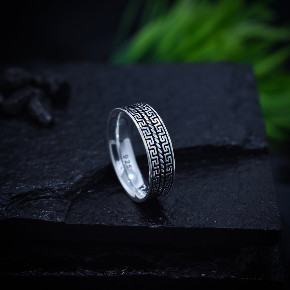 Antique Geometric Meander Pattern Silver Band