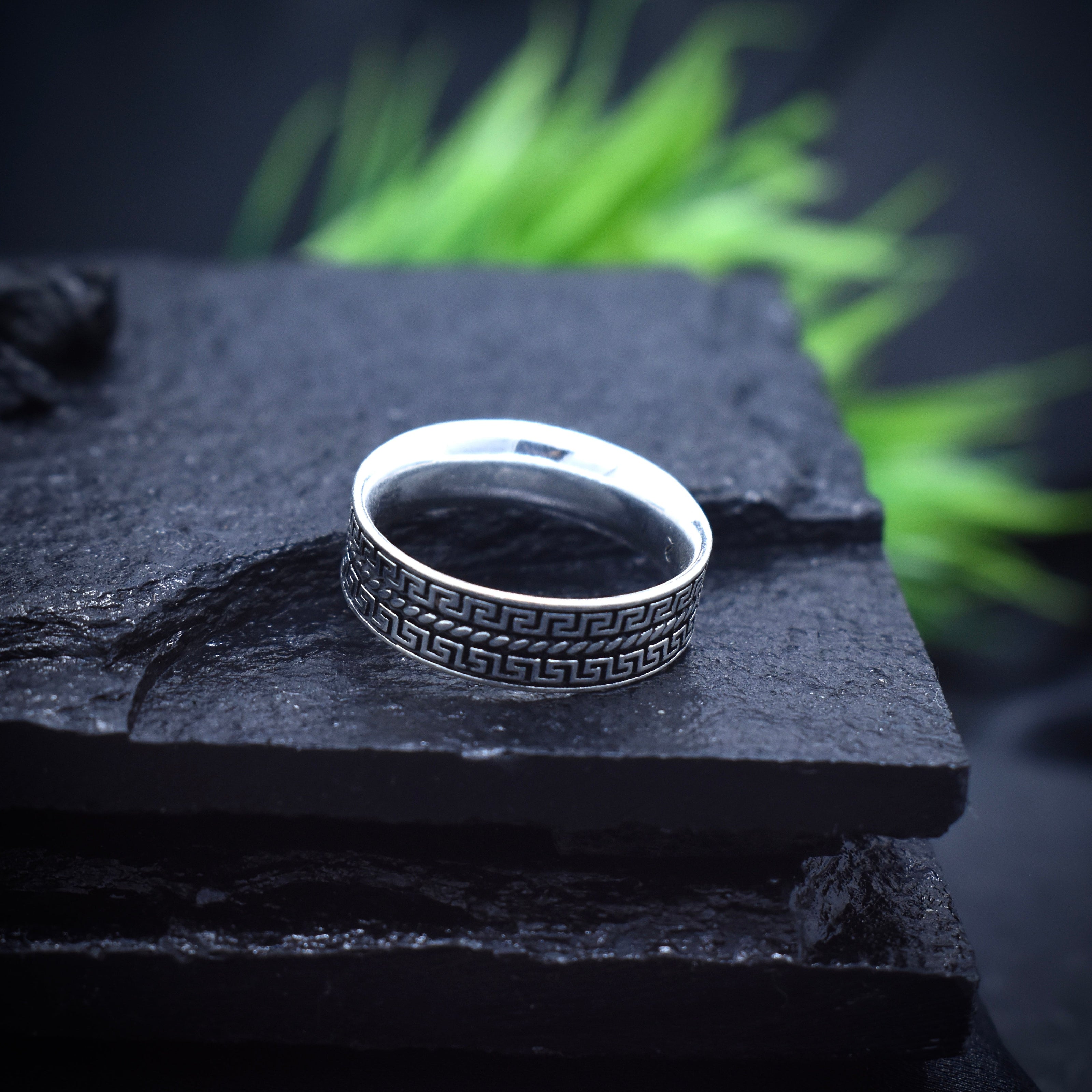 Antique Geometric Meander Pattern Silver Band