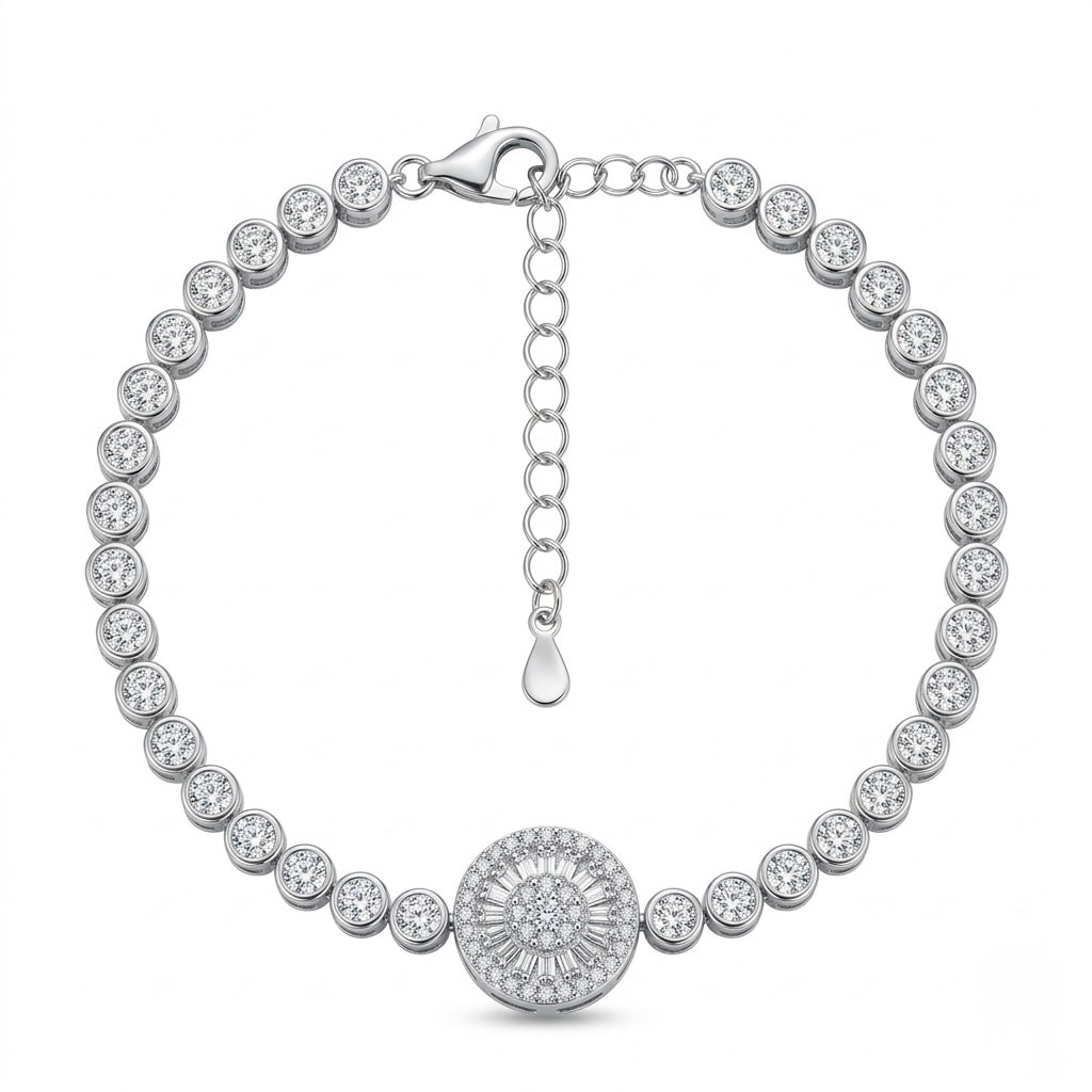 Round Baguette Sunburst Halo Tennis Bracelet