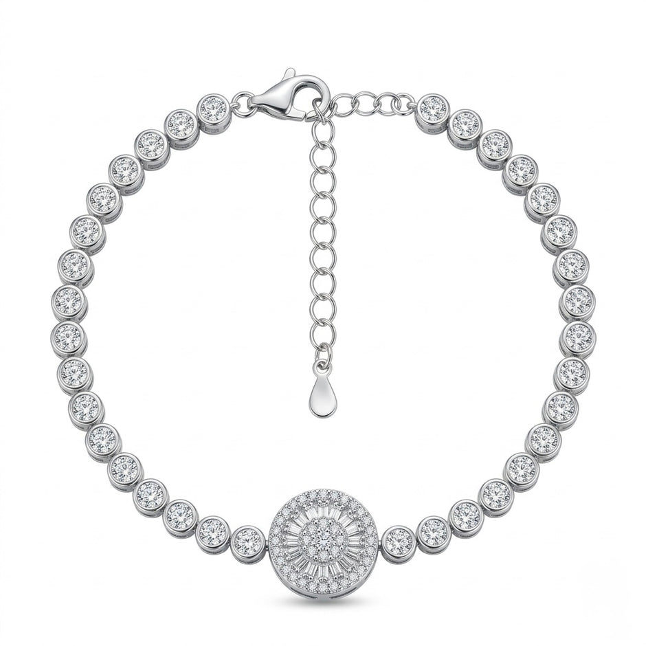 Round Baguette Sunburst Halo Tennis Bracelet