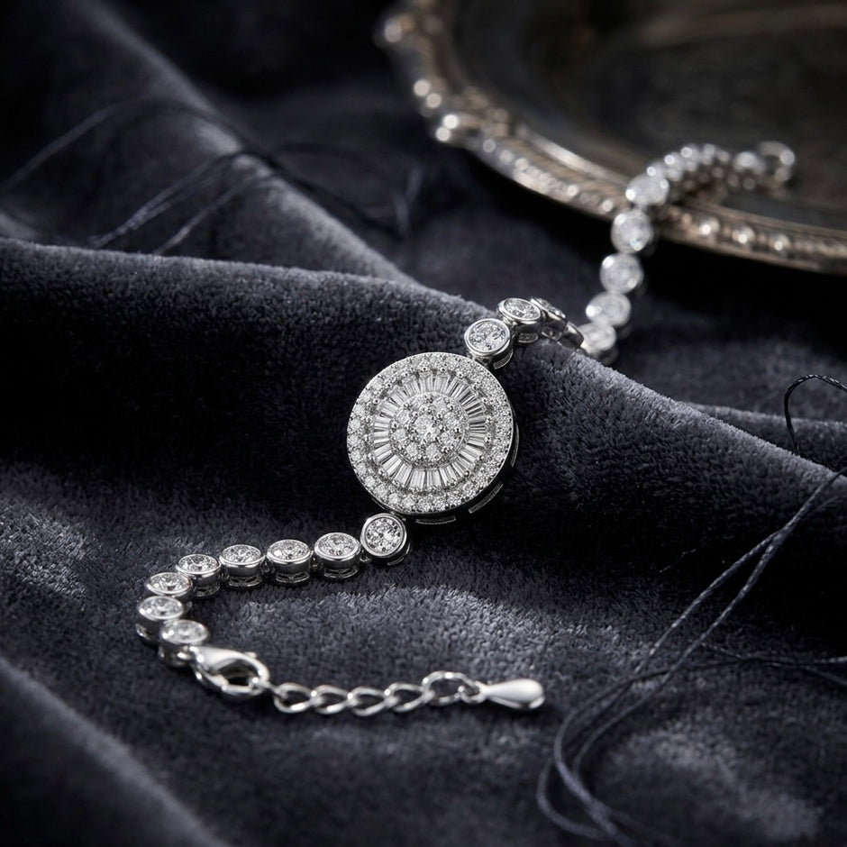 Round Baguette Sunburst Halo Tennis Bracelet