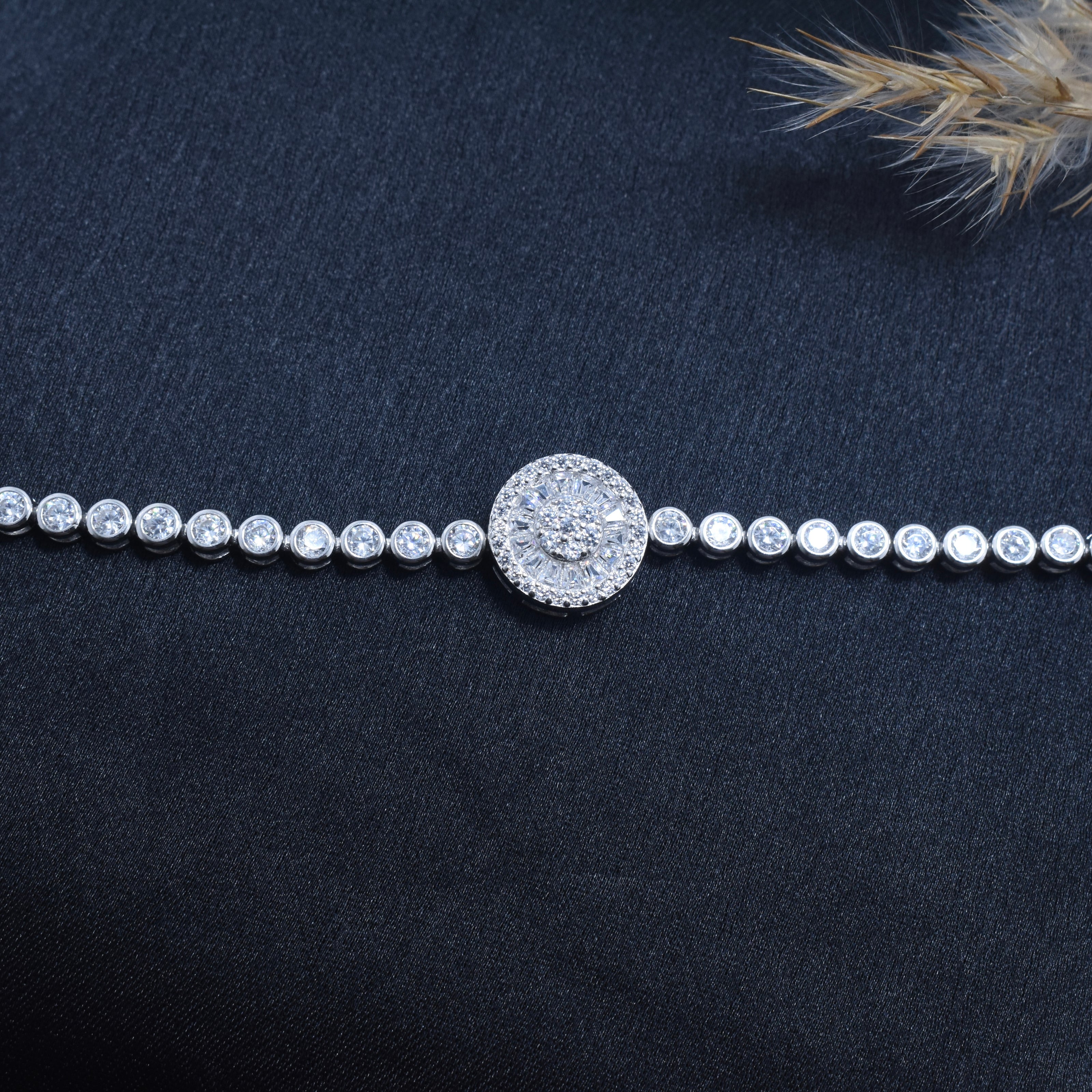 Round Baguette Sunburst Halo Tennis Bracelet
