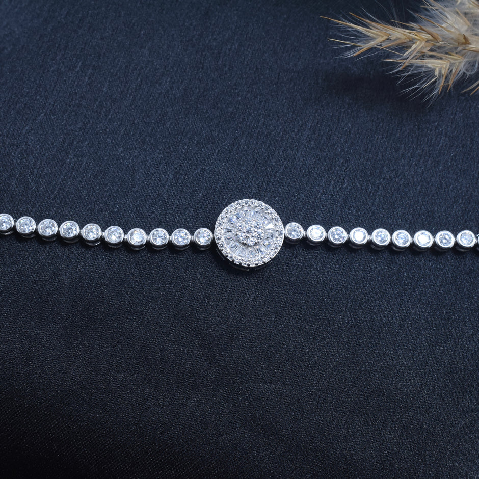 Round Baguette Sunburst Halo Tennis Bracelet
