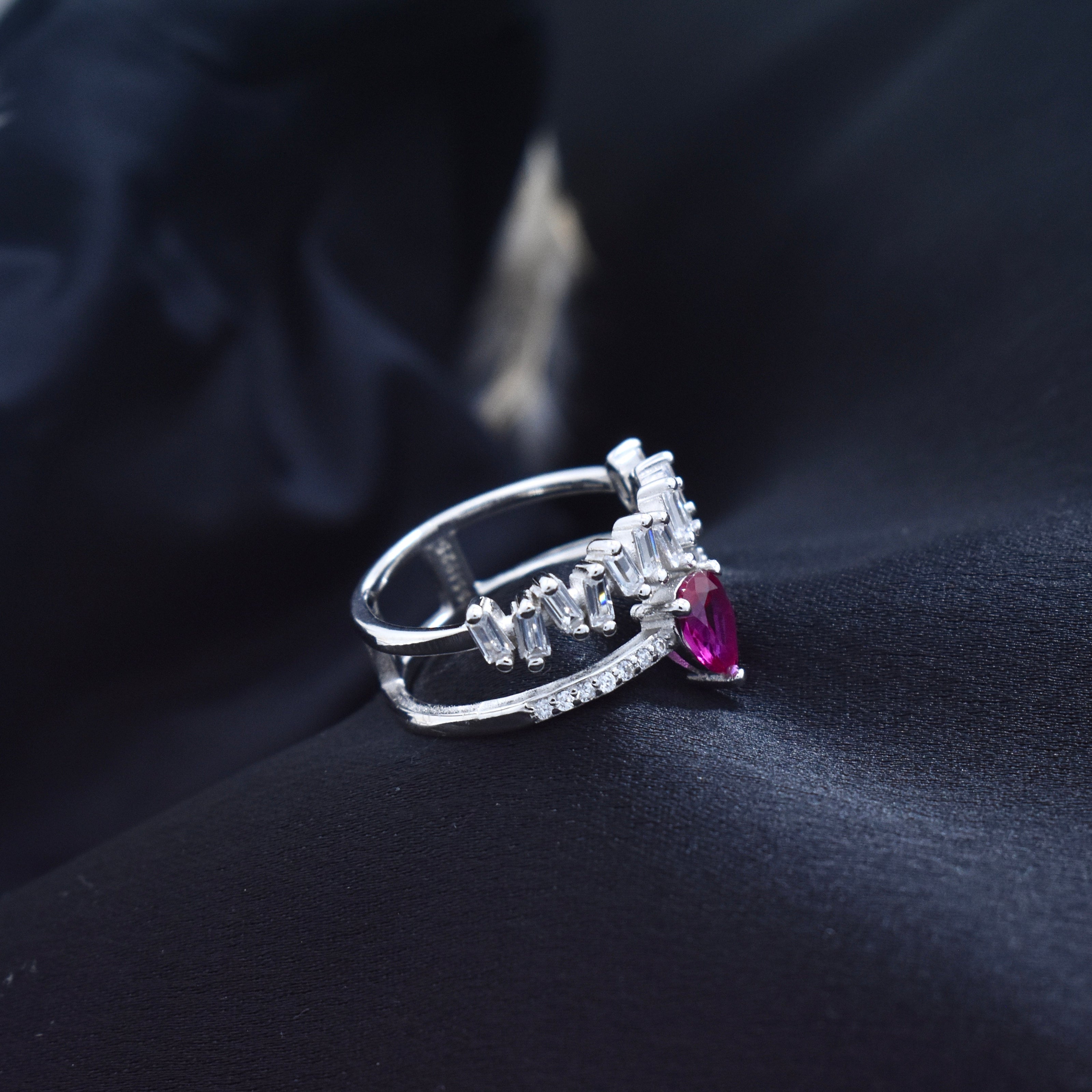 Silver Ruby Drop Crown Ring