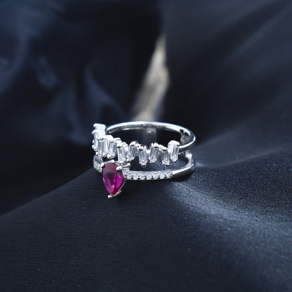 Silver Ruby Drop Crown Ring