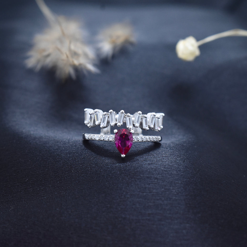 Silver Ruby Drop Crown Ring
