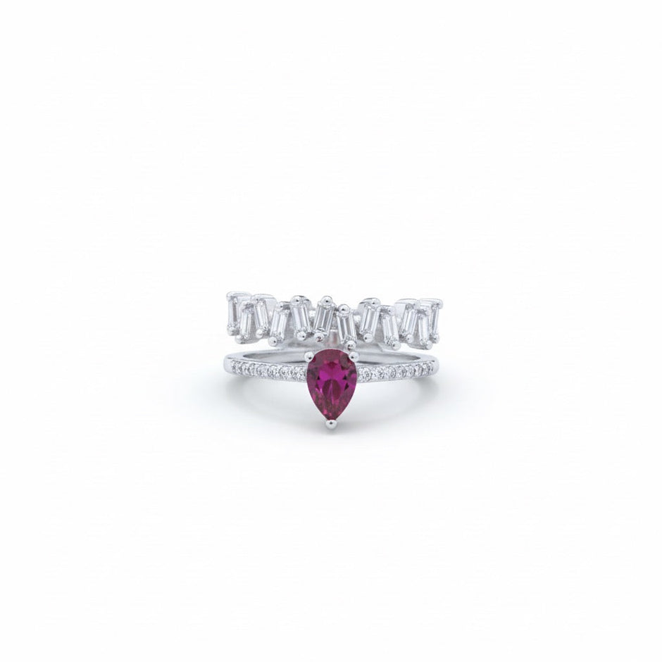 Silver Ruby Drop Crown Ring