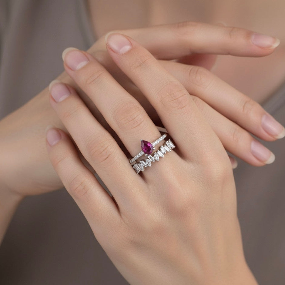 Silver Ruby Drop Crown Ring