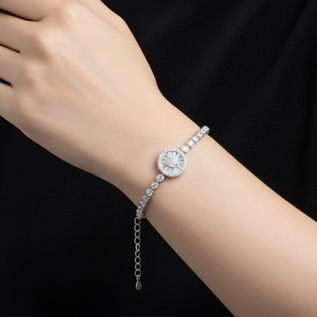 Round Baguette Sunburst Halo Tennis Bracelet