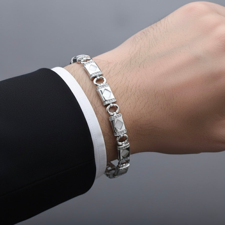 Geometric Stone Cut Silver Bracelet