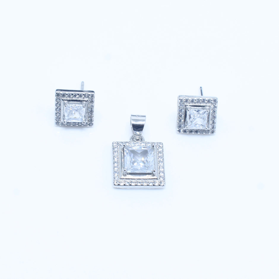 Square Halo Silver Pendant Set