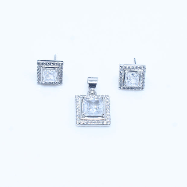 Square Halo Silver Pendant Set