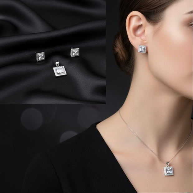 Princess Cut Square Halo Pendant Set with Chain and Earrings