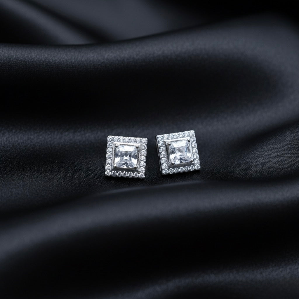 Princess Cut Square Halo Pendant Set with Chain and Earrings