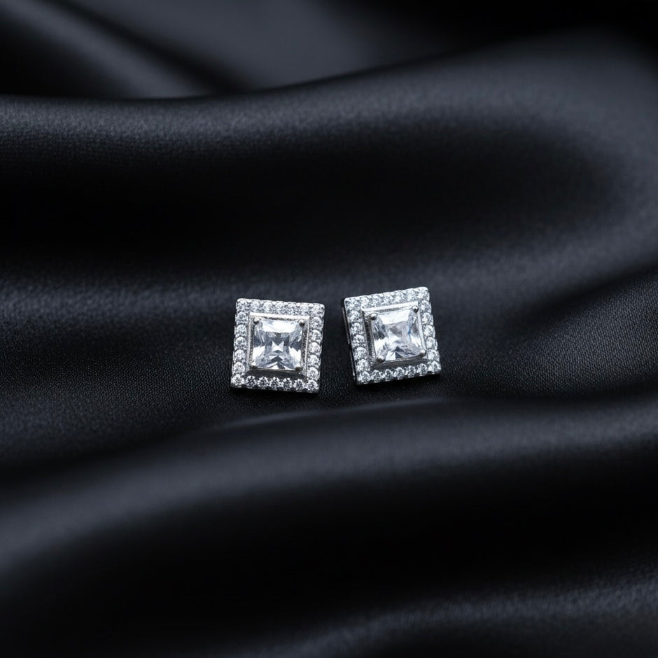 Princess Cut Square Halo Pendant Set with Chain and Earrings