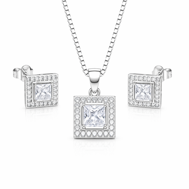 Princess Cut Square Halo Pendant Set with Chain and Earrings